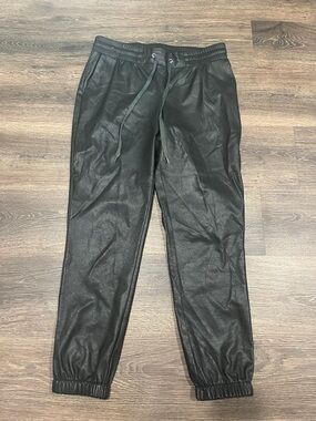 Women's Black Faux Leather Jogger Pants - Drawstring Elastic Waist